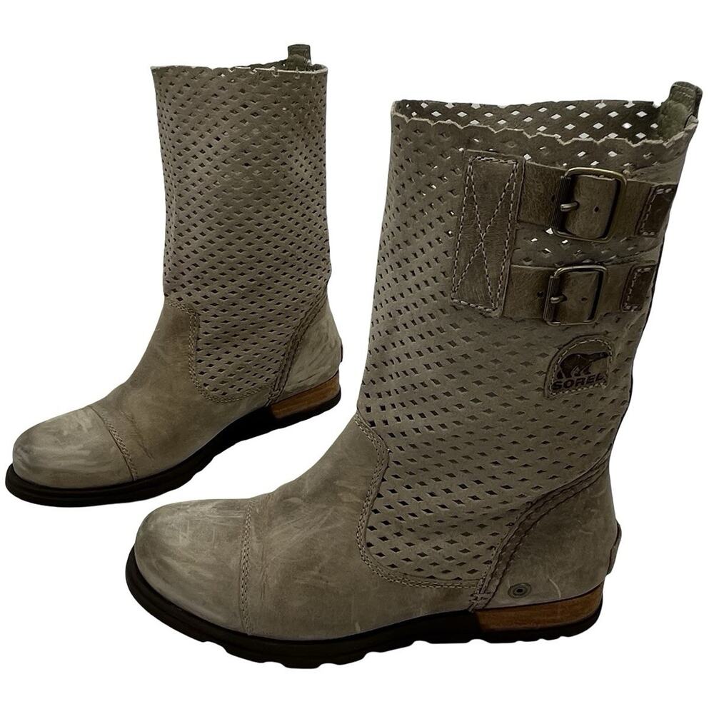 SOREL Tan/Gray Leather Mid-Calf Boots Womens 6 Buckle Detail, Rugged Sole